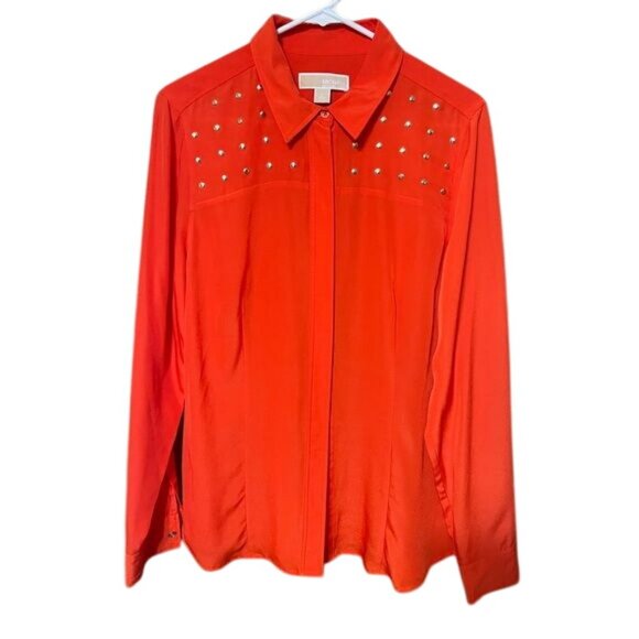 MICHAEL Michael Kors Long Sleeve Button-Up Blouse Gold Stud Orange Women's Large - Picture 1 of 7